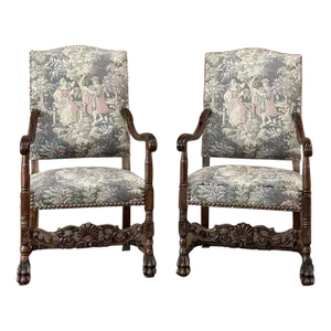 Pair Antique French Louis XIII Armchairs With Tapestry Upholstery