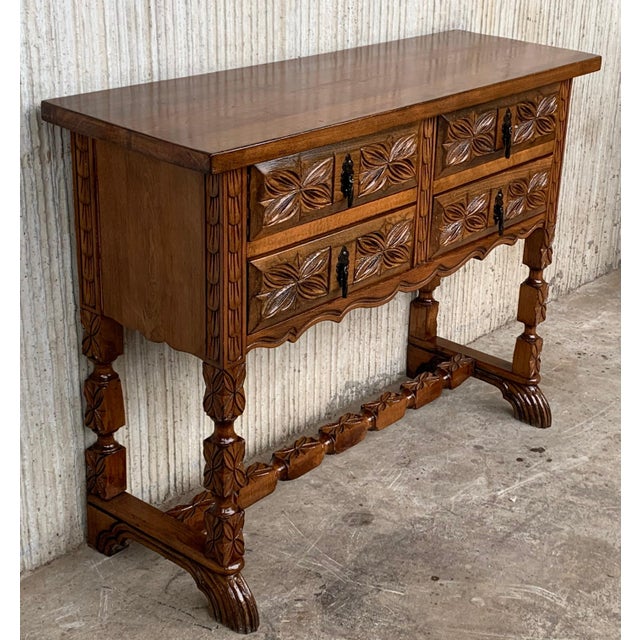 Baroque 19th Century Catalan Spanish Carved Walnut Console Sofa Table, Four Drawers For Sale - Image 3 of 18