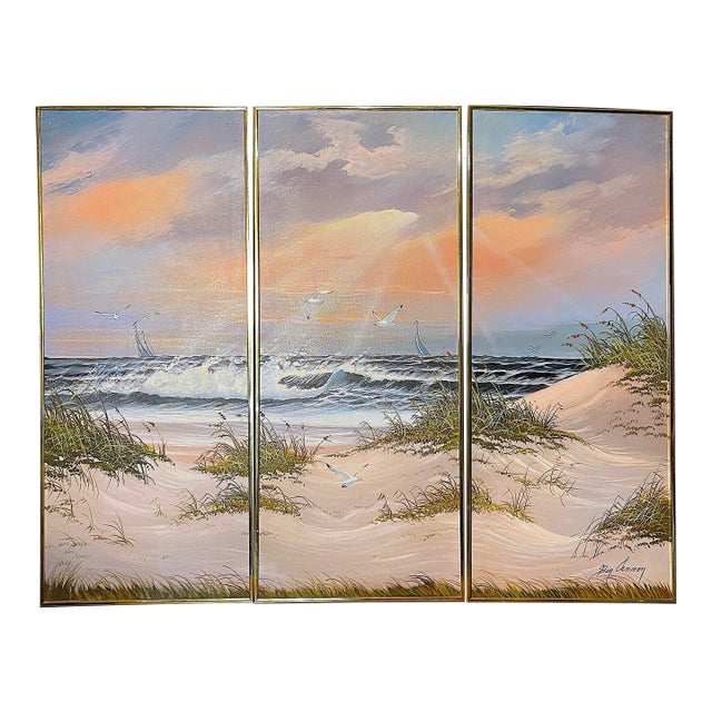 Vintage Rare Original Ben Cannon Triptych Coastal Oil Paintings For Sale