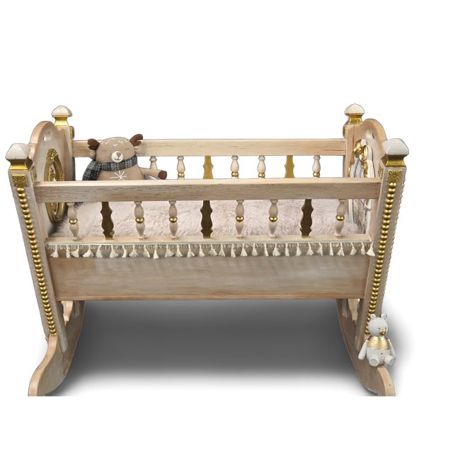Vintage Hand-Painted Nursery Rocking Set: Gold Accent Cradle & Rocking Chair For Sale In New Orleans - Image 6 of 11