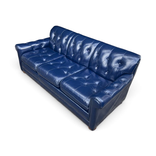 1960s 1960s Hollywood Regency Navy Blue Button-Tufted Leather Sofa For Sale - Image 5 of 13