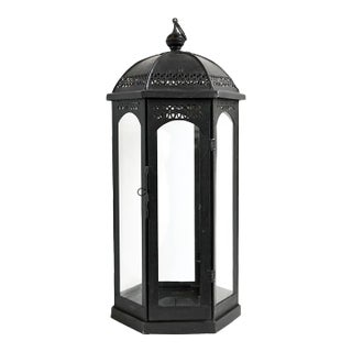 Vintage Ball Top Black Iron Floor Candle Stand / Lantern Medium For Sale