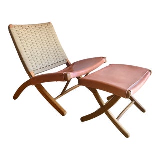 Japanese Hans Wegner Style Woven Leather and Danish Rope Cord Folding Lounge Chair and Ottoman For Sale