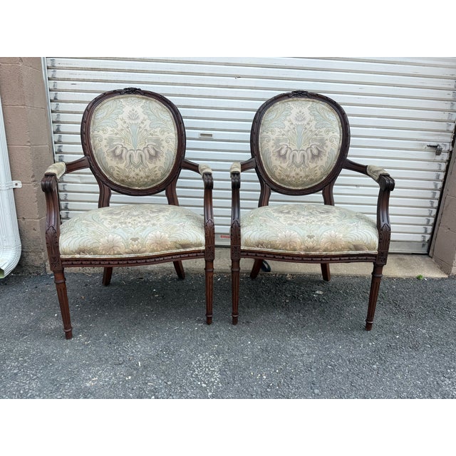 French Provincial Henredo Schoonbeck Colllection Pair Louis XV Style Carved Armchairs For Sale - Image 3 of 18