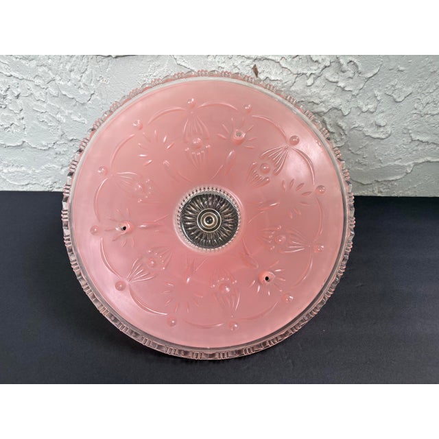 Glass Vintage Art Deco Pink Satin Glass Ceiling Light Shades, Floral Relief, Circa 1935–1945 - a Pair For Sale - Image 7 of 12
