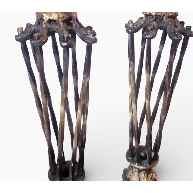 Rare Pair Bronze Sculptured Brutalist Judaica Ceremonial Candlesticks ~ Chaim Hendin (b.1920) For Sale - Image 9 of 16