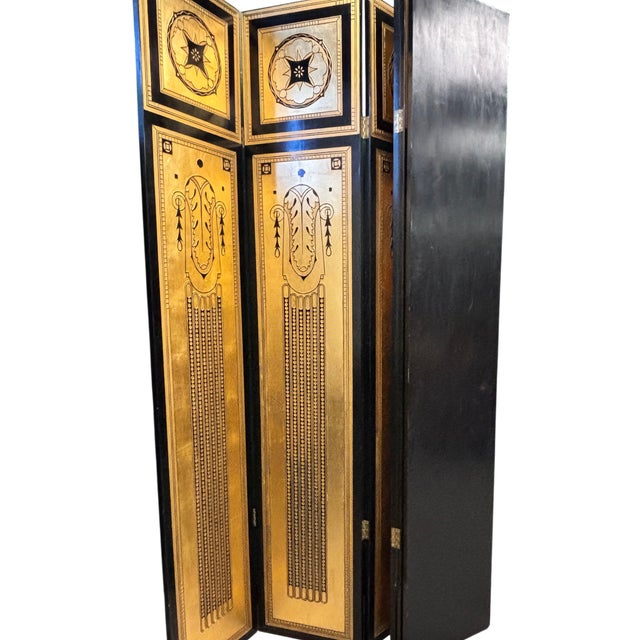 Striking Six-Panel Art Deco Carved Black Lacquer and Gilt Screen For Sale - Image 11 of 16