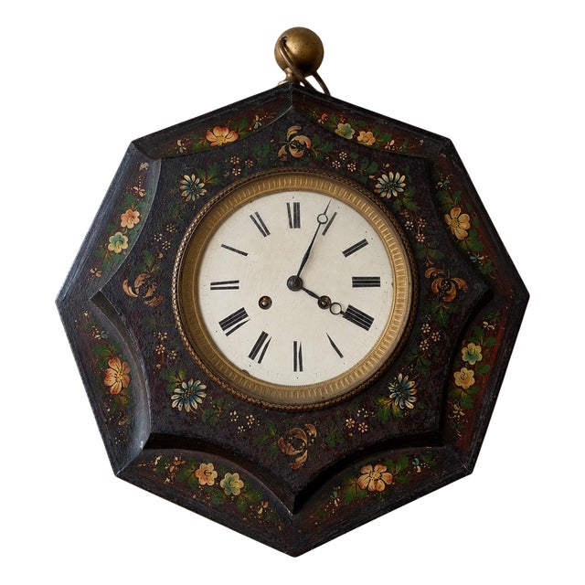 Napoleon III Octagonal Wall Clock with Painted Flowers For Sale