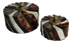 1990s Vintage Maitland-Smith Tessellated Faux Tortoise Shell and Mother of Pearl Decorative Boxes- Set of 2