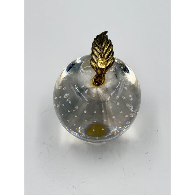 Glass Venetian Art Glass Apple Paperweight W/Brass Leaf & Stem Bullicante Bubbles For Sale - Image 7 of 7