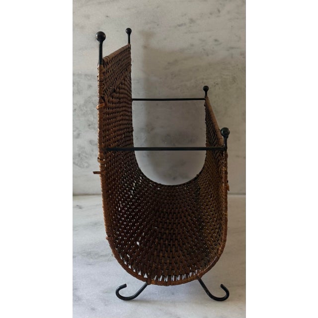 Mid-Century Modern Vintage Wicker Magazine Rack For Sale - Image 3 of 9