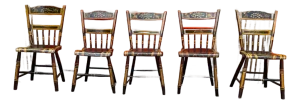 Mid 20th Century Wood Country Rustic Folk Art Style Dining Chairs. Set of 5