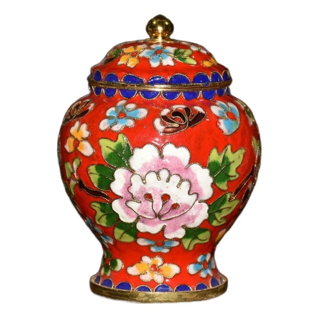 Vintage Chinese Cloisonné Enamel Ginger Jar With Peony Motif For Sale