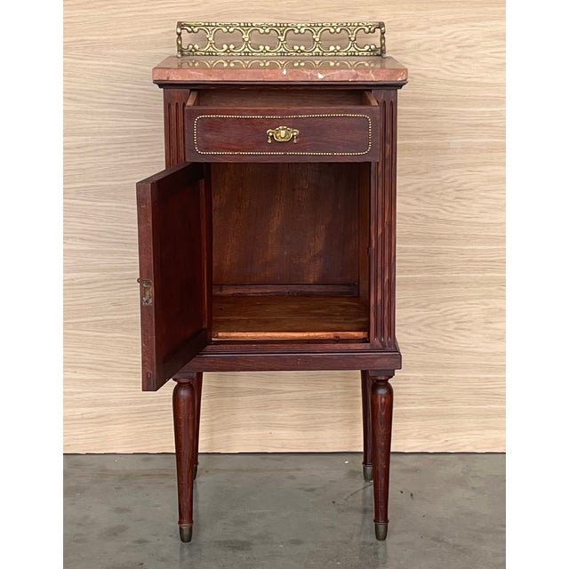Brown Pair of Italian Marquetry Nightstands With Bronze Crest, Drawers and Doors For Sale - Image 8 of 11