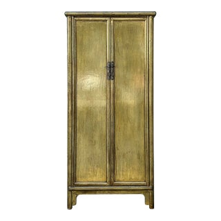 Oriental Distressed Light Olive Green Tall Narrow Noodle Cabinet Armoire For Sale