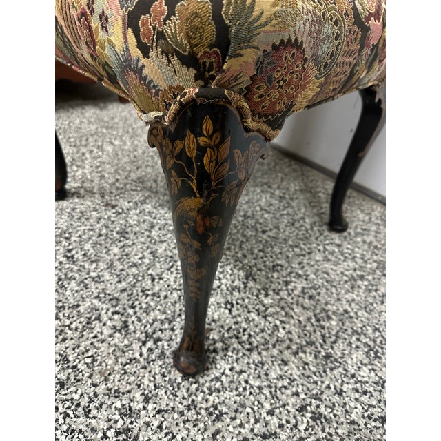 Vintage chinoiserie chair upolstered in a beautiful tapestry fabric. Asian influenced painted cabriole legs with gold...
