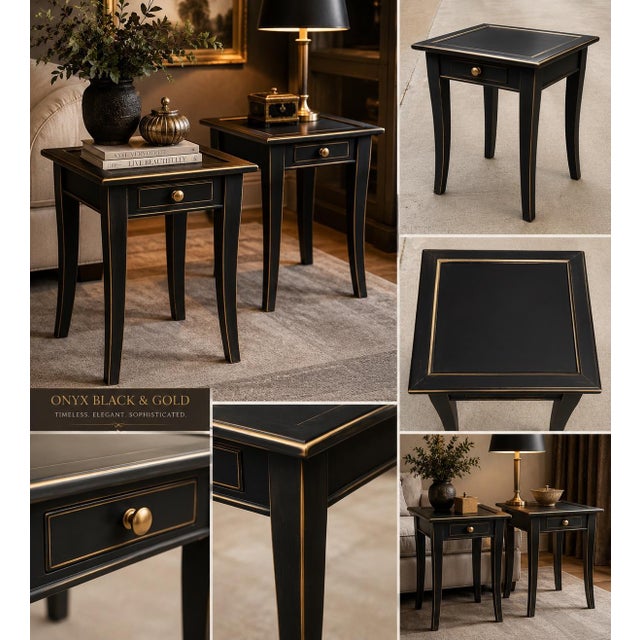 Late 20th Century Pair of Onyx Black & Gilded Accent Tables — Custom Designer Finish For Sale - Image 4 of 4