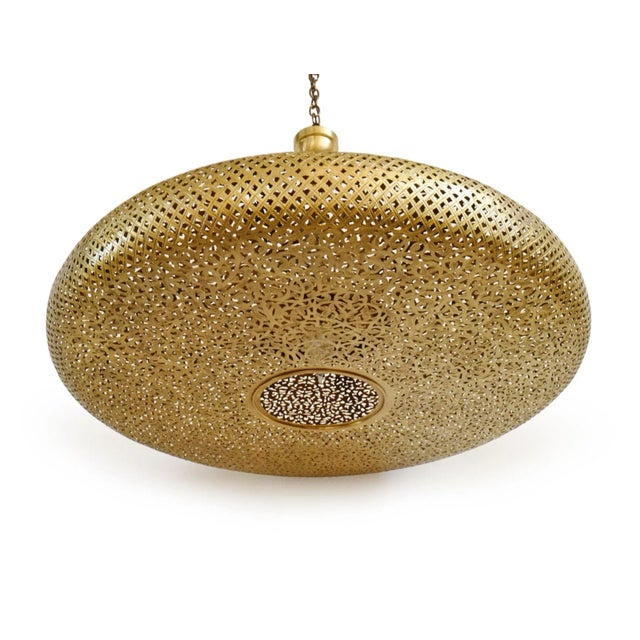 Late 20th Century Vintage Moroccan Brass Work Pancake Pendant Light Large For Sale - Image 5 of 8