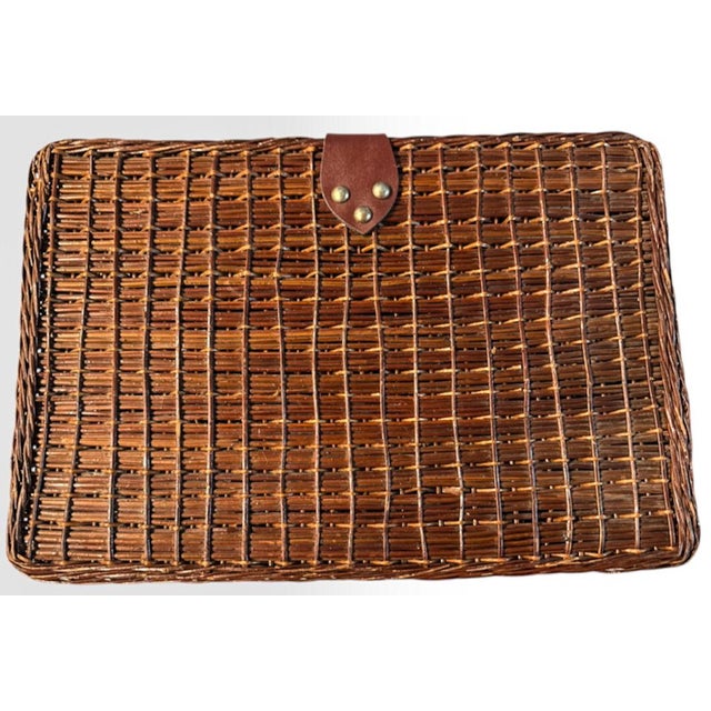 Rustic Vintage Handwoven Wicker Suitcase Picnic Basket Hamper With Leather Strap and Brass Turn Lock Closure For Sale - Image 3 of 10