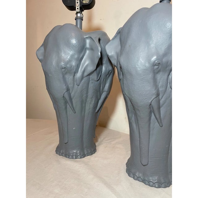 Pair of Vintage Figural Elephant Heavy Gray Painted Metal Electric Table Lamps For Sale In New York - Image 6 of 12