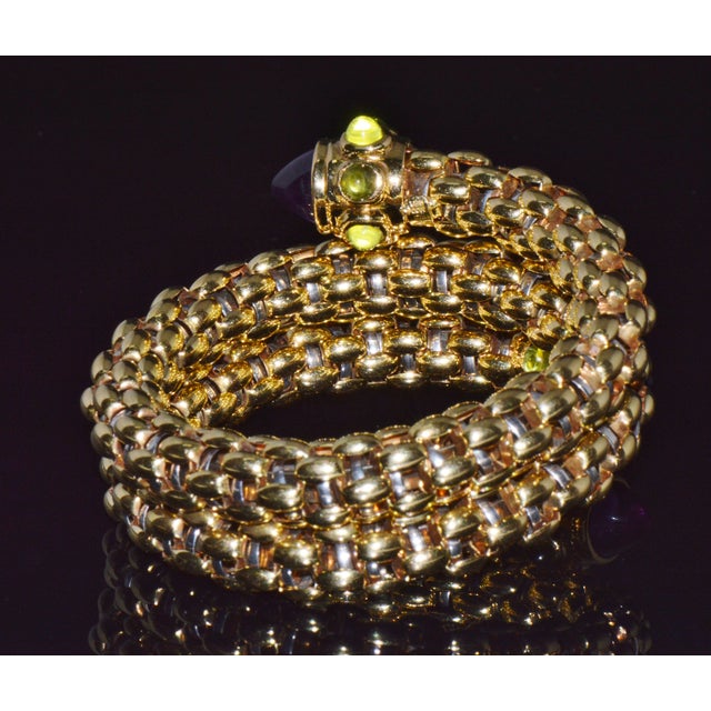 Rare Vintage Fope 18k Gold Double Wrap Twist Snake Bracelet With Amethyst & Peridot For Sale - Image 9 of 15