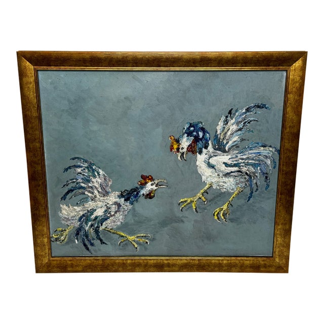 Expressionist Painting Cocks Fighting a Dynamic Mid-Century Oil by b.k. Gallie, After Leon Kossoff For Sale
