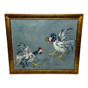 Expressionist Painting Cocks Fighting a Dynamic Mid-Century Oil by b.k. Gallie, After Leon Kossoff