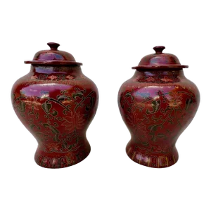 Antique 19th Century Pair of Chinese Red Black Lacquer Paper Mache Temple Jars Floral Motif