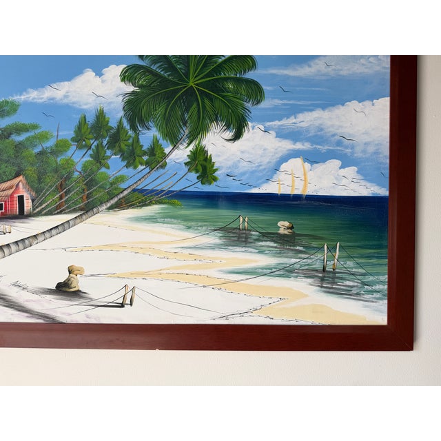 Large Vintage Haitian Coastal Tropical Impressionist Oil on Canvas Painting – Framed For Sale - Image 9 of 13