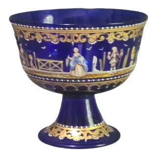 Mid 20th Century Venetian Blue Glass Att. Murano Barovier Wedding Footed Goblet Gilded Figural Enamel Bowl For Sale
