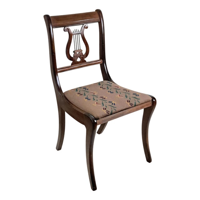 Early 20th Century Duncan Phyfe Style Mahogany Lyre Back Needlepoint Side Chair For Sale