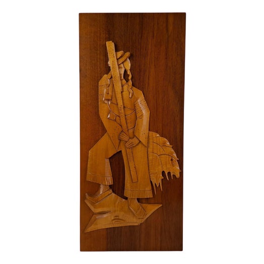 Mid-Century Czech Hand-Carved Wooden Shepherd Wall Relief, 1960 For Sale
