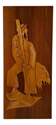 Mid-Century Czech Hand-Carved Wooden Shepherd Wall Relief, 1960