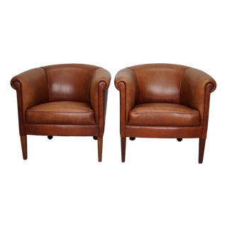 Vintage Dutch Cognac Colored Leather Club Chairs, 1970s, Set of 2 For Sale
