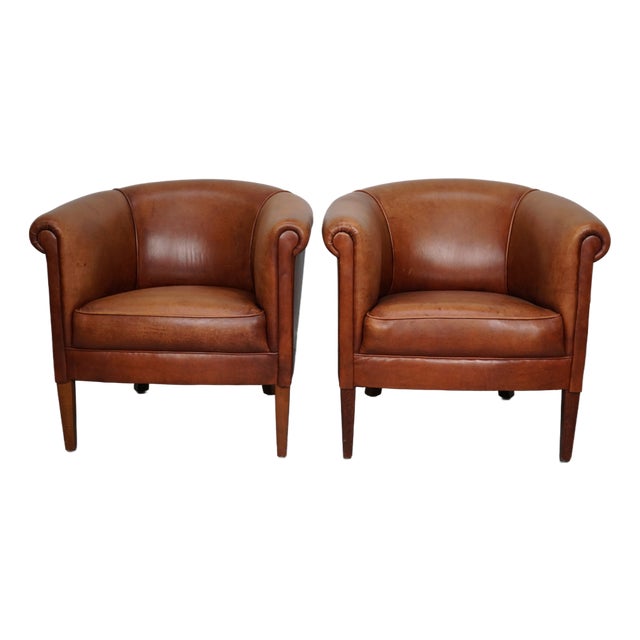 Vintage Dutch Cognac Colored Leather Club Chairs, 1970s, Set of 2 For Sale