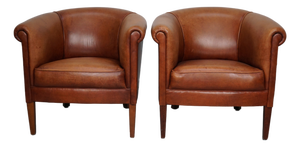 Vintage Dutch Cognac Colored Leather Club Chairs, 1970s, Set of 2