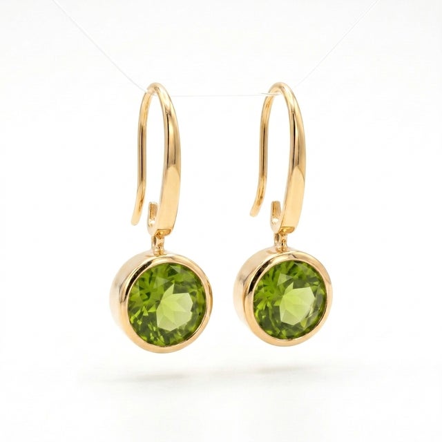 Art Deco Natural Peridot Drop Earrings - Gemstone Dangle Earrings, Minimalist Bezel Birthstone Jewelry - A Pair For Sale - Image 3 of 5