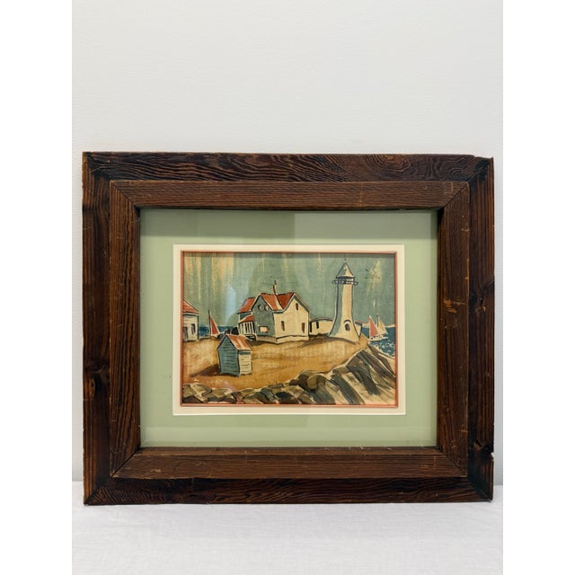 1970s Watercolor Painting of a Lighthouse Overlooking Sailboats in a Wood Frame For Sale - Image 10 of 10