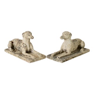 Early 20th Century English Pair of Cast Stone Whippet Garden Statues For Sale
