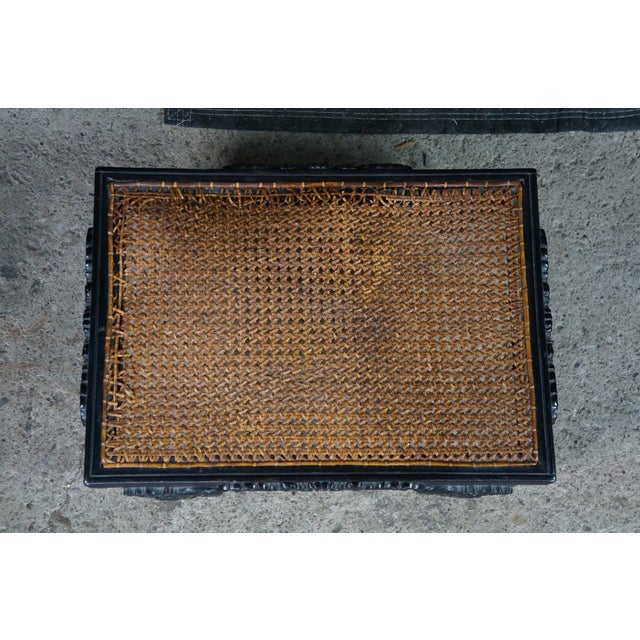 Wood Rare Antique Anglo-Indian Ceylonese Ebony Carved Woven Wicker Footstool 18" For Sale - Image 7 of 16