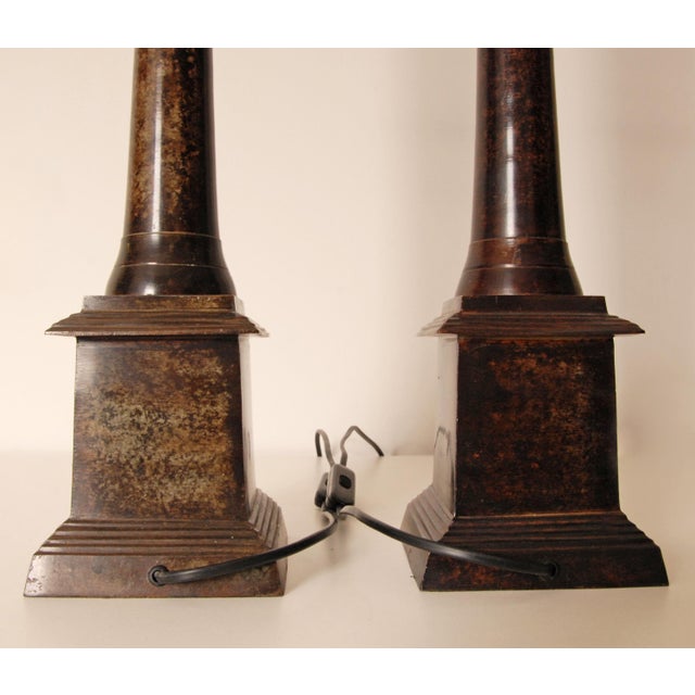Vintage French Traditional Tablelamps Empire Style Cast Iron Bronze Beige Linen Shade - A Pair For Sale - Image 11 of 11