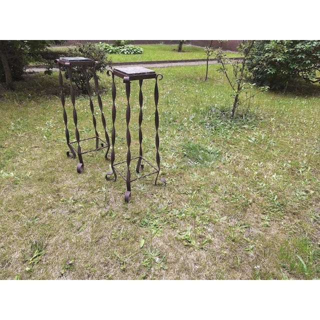 Brutalist Garden Columns in Wrought Iron and Veined Marble, Set of 2 For Sale - Image 12 of 16