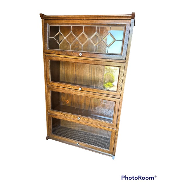 Mid Century Oak Wood Barrister Bookcase Lawyers Four Shelves Glass