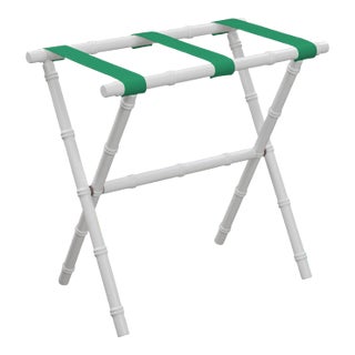 White Wood Bamboo Inspired Luggage Rack with 3 Green Nylon Straps For Sale