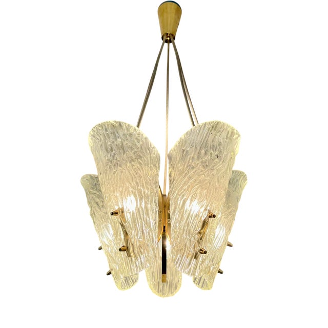 Chandelier in Brass and Textured Glass by J. T. Kalmar for Kalmar, 1960s For Sale