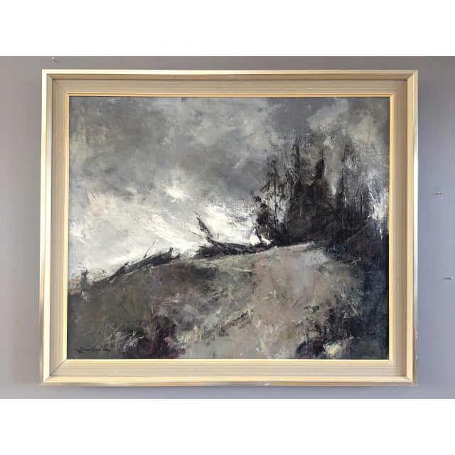 STORM'S EDGE Size: 22.8 x 27 inches (including frame) Oil on canvas A moody and atmospheric mid-century landscape...