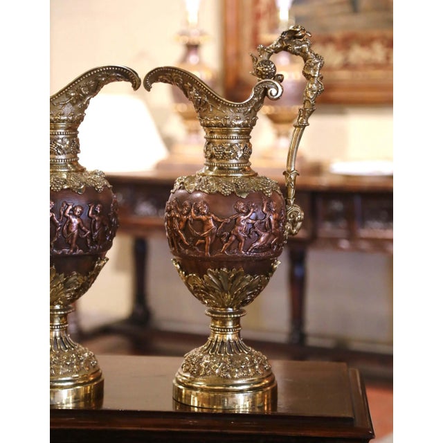 Renaissance Pair of 19th Century French Renaissance Patinated Bronze Ewers Clodion Style For Sale - Image 3 of 9