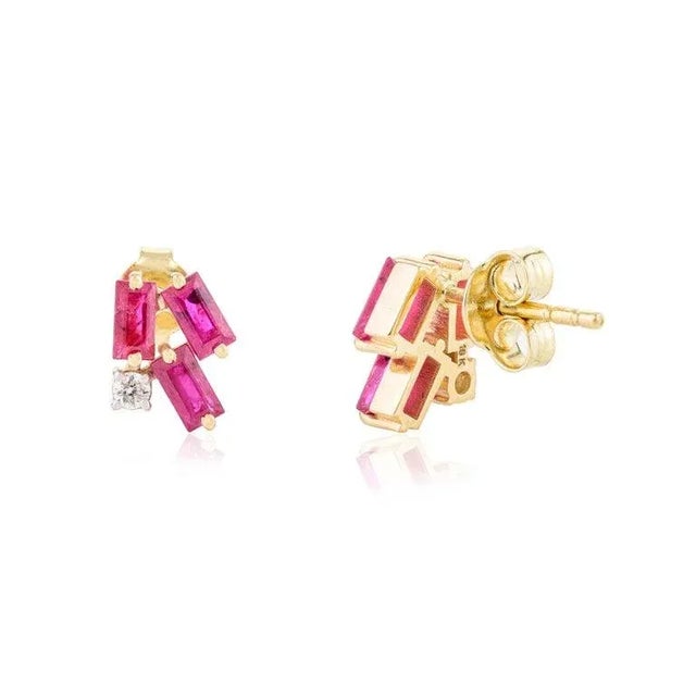 Metal Baguette Ruby Cluster Stud Earrings With Diamond- a Pair For Sale - Image 7 of 10