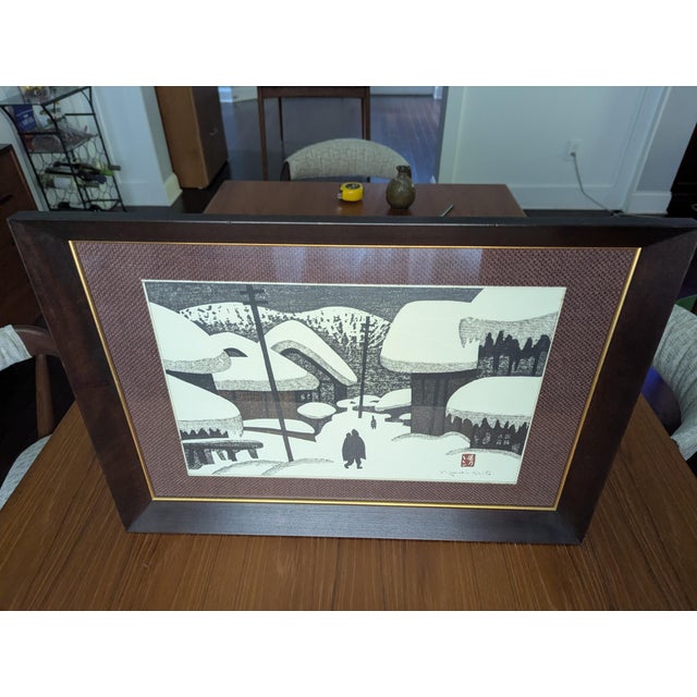 Wood Signed Kiyoshi Saito "Winter in Aizu" Vintage Woodblock Print — 1970s For Sale - Image 7 of 11