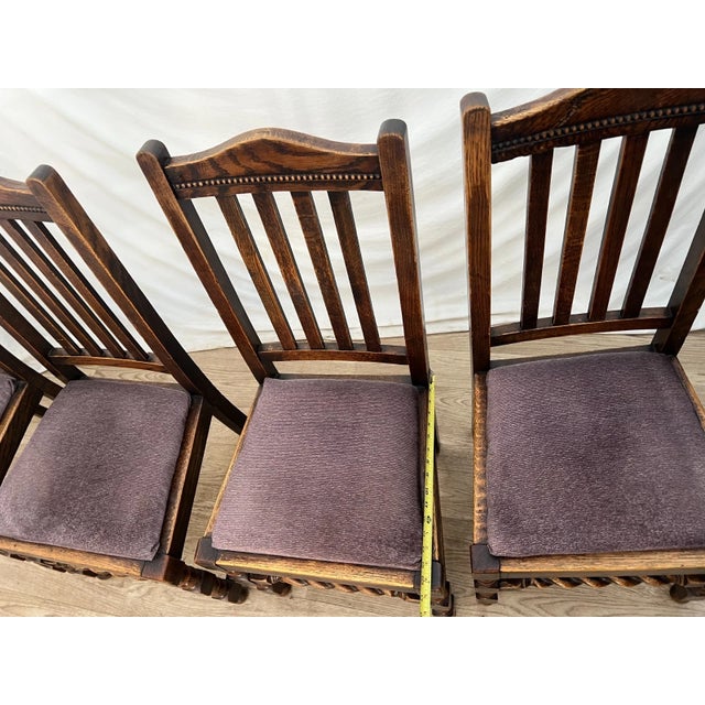 Antique Chairs Set of Four, Barley Twist Accent, Solid Oak, Lavender Seats For Sale - Image 9 of 11